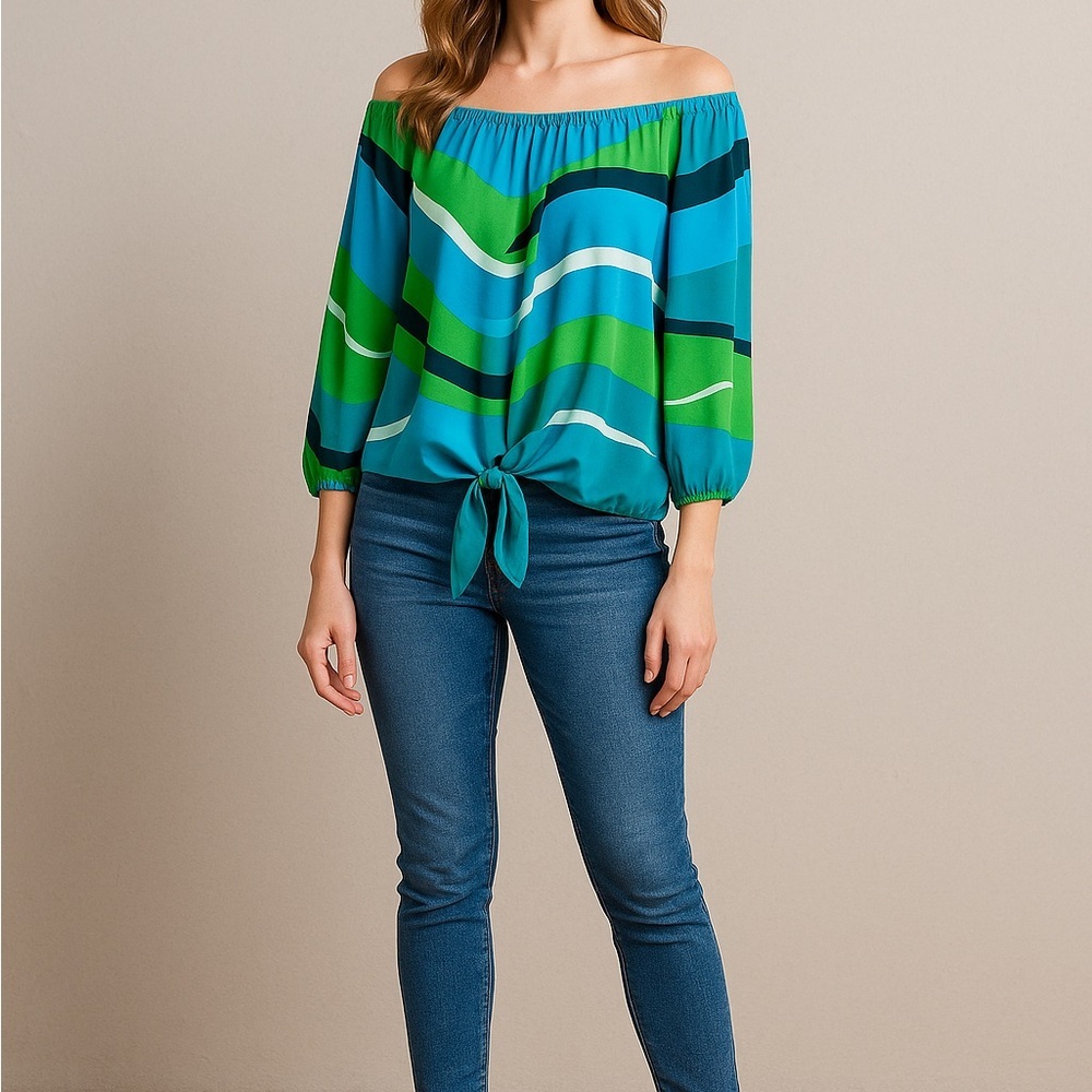 Zac & Rachel Abstract Wave Print Blouse XL Blue Green Tie Hem Top Abstract Work